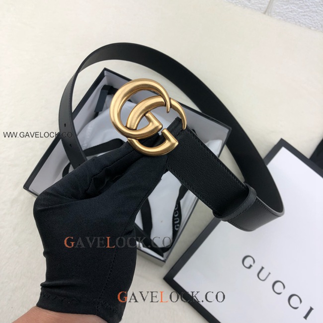 Gucci Black Leather Belt Retro Golden GG Buckle Size 35mm